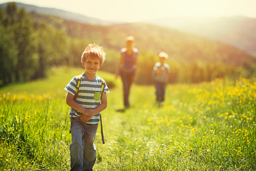 Little boy is hiking through a sunny meadow. Her mother and brother are visible in a distance. Everybody is wearing backpacks. Sun is shining brightly.