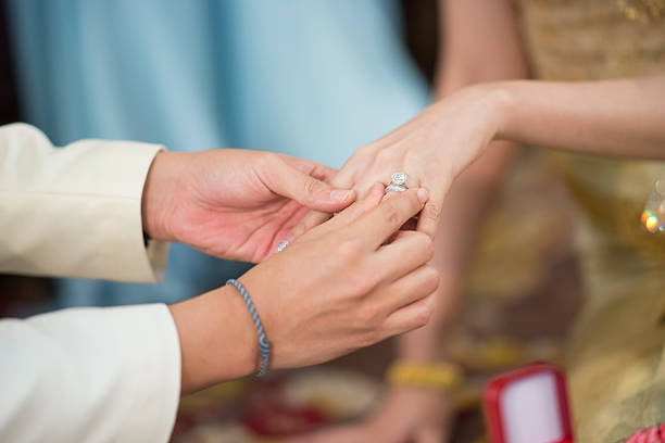 istock Close up,The groom wearing wedding ring for his bride 528063179