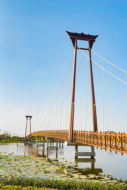 istock Beautiful bridge across the lake against blue sky background 528063182