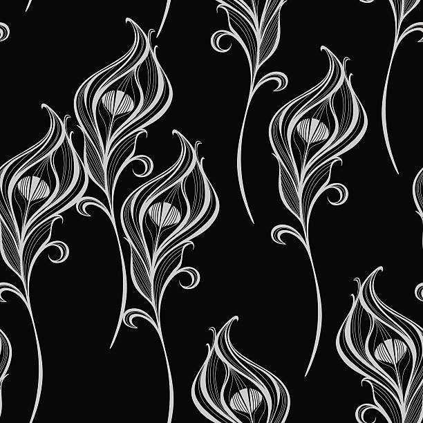 ilustrações de stock, clip art, desenhos animados e ícones de sem costura vector motivo com penas de pavão num fundo escuro. - peacock feather outline black and white