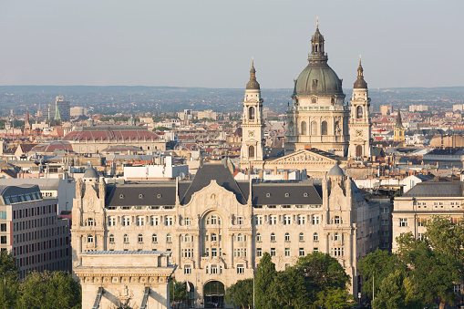 High angle view of the Chain Bridge and St Stephen's Basilica in Budapest, Hungary.