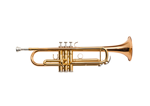 African american man sitting on a chair and plays the trumpet in front of a red background