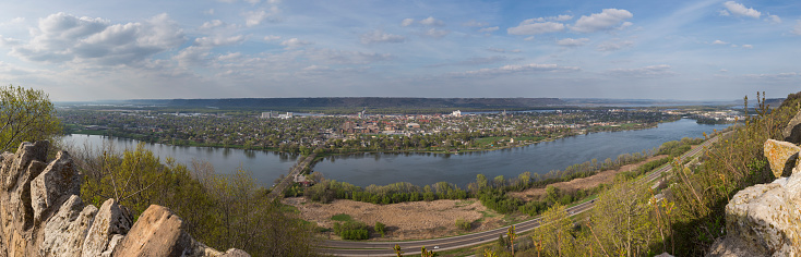 A scenic view of a Mississippi River valley town.