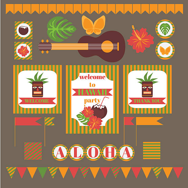 인쇄 가능한 ~세트 하와이 파티라는 요소. 템플릿 루아우 초대 - garland hawaii islands hawaiian culture party stock illustrations