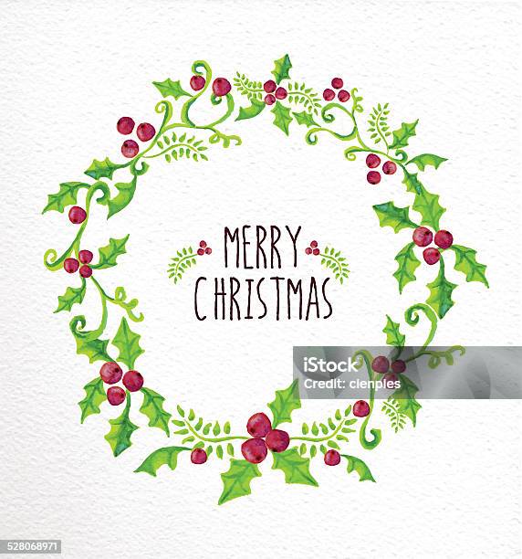 Merry Christmas Watercolor Holly Berry Wreath Card Stock Illustration - Download Image Now - Abstract, Art, Art And Craft