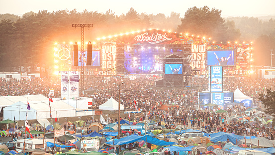 Kostrzyn nad Odra, Poland - August 1, 2015: Evening concert on main stage and tents at the 21th Woodstock Festival Poland (Przystanek Woodstock).
