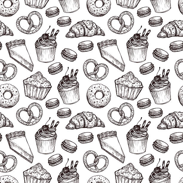 ilustrações de stock, clip art, desenhos animados e ícones de desenhado à mão ilustração vetorial-motivo homogéneo com doce - cooking backgrounds breakfast cake