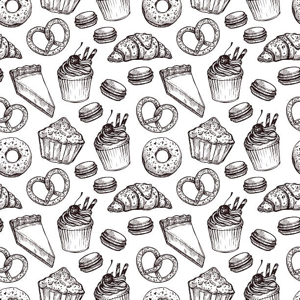 Hand drawn vector illustration - Seamless pattern with sweet Hand drawn vector illustration - Seamless pattern with sweet and dessert. Yummy background (croissant, cupcakes, pretzels, cake, cheesecake, macaroon). dessert stock illustrations