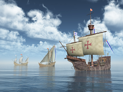 Computer generated 3D illustration with the ships Santa Maria, Nina and Pinta of Christopher Columbus