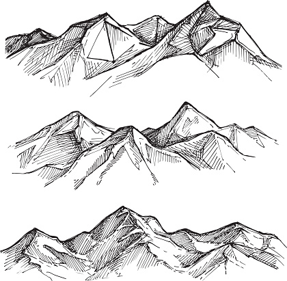 Hand drawn vector illustration - mountains. Sketch style. Outdoor camping background. Landscape nature