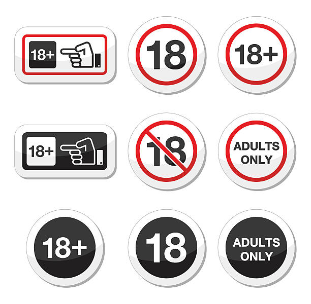 Under 18, adults only warning sign Attention - under eighteen forbidden labels set bar drink establishment illustrations stock illustrations