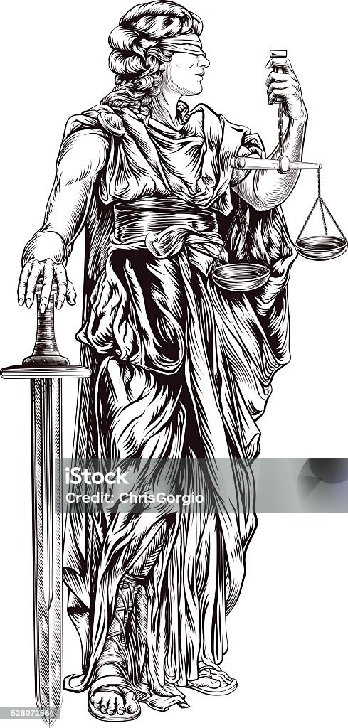 Lady Justice An original illustration of Lady Justice holding scales and sword and wearing a blindfold in a vintage woodblock style Lady Justice stock vector