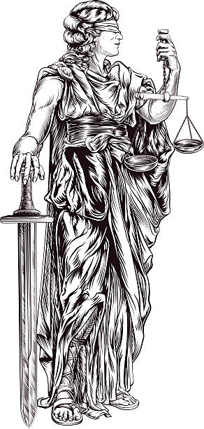 Lady Justice An original illustration of Lady Justice holding scales and sword and wearing a blindfold in a vintage woodblock style lawyer drawings stock illustrations