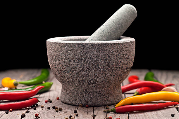istock Stone Mortar on a wooden bench. 528100073