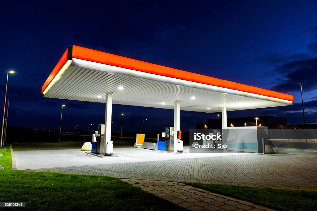 Retail Gasoline Station Modern empty self service gas station at an early evening. Station Stock Photo