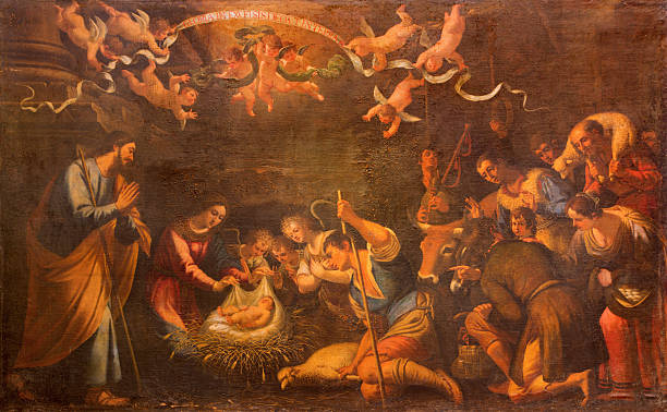 Seville - The Adoration of shepherds paint Seville - The Adoration of shepherds paint in church Iglesia de la Annunciation by unknown painter of 19. cent. andalusia photos stock illustrations