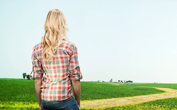 istock Rear view of farmer looking at farm 528105431