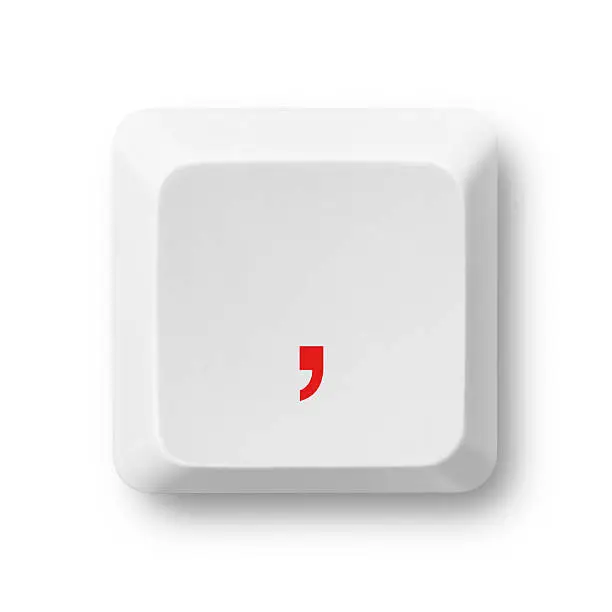 Comma symbol on a white computer key isolated on white. Keyâs clipping path included. The red color of the character can be easily modified in photoshop by moving the Hue/Saturation slider without affecting the rest of the image.