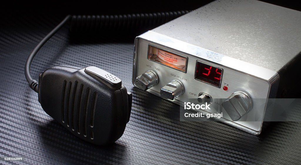 Citizen band radio Old CB radio and microphone on a grey background Bandwidth Stock Photo