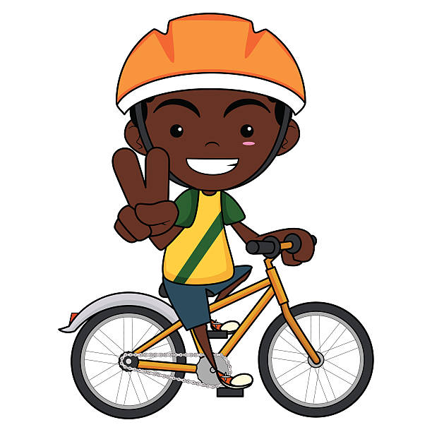 kid riding bike African American kid riding bike, vector illustration, isolated white background bike hand signals stock illustrations
