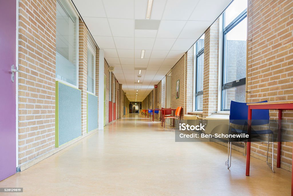 Long corridor with furniture in school building Long empty corridor with furniture in school building. Colorful hall with brick walls and windows. To the left there are many classrooms with doors. Children and teenagers have to walk through this corridor to attend lessons in class. School Building Stock Photo