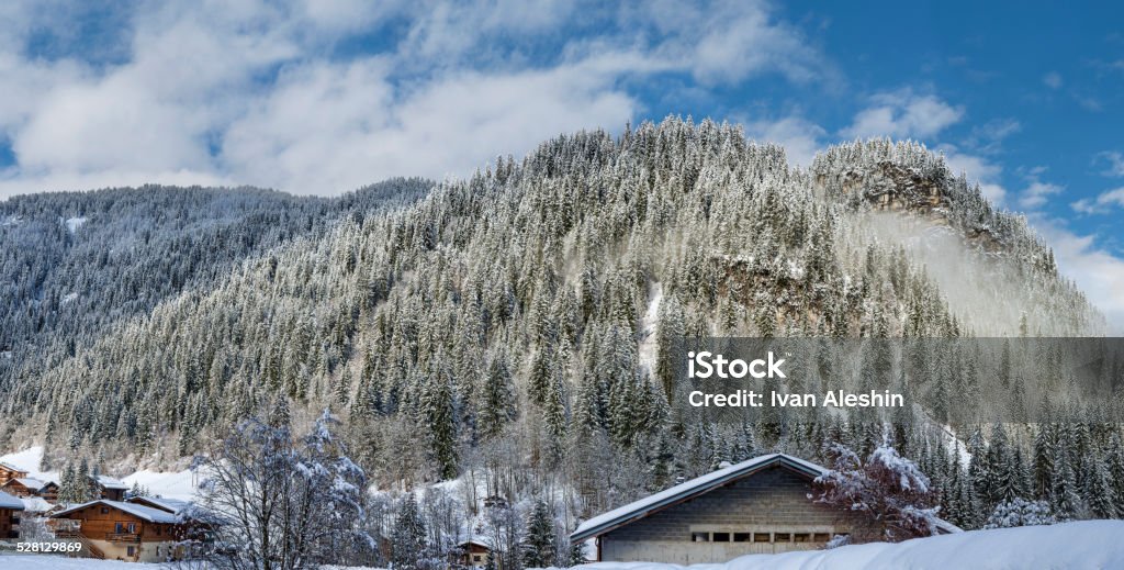 Panoramic landscape of alpine village with mountain forest background Blue Stock Photo