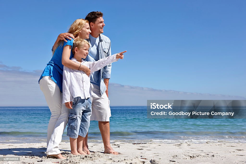 Look over there mom! Full length shot of a happy young family of three at the beach Adult Stock Photo