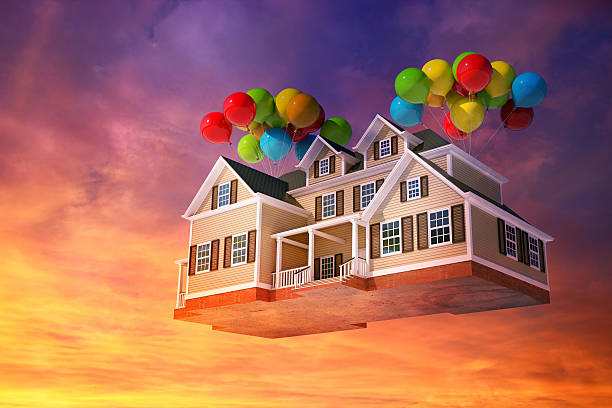 House flying in the sky with balloons