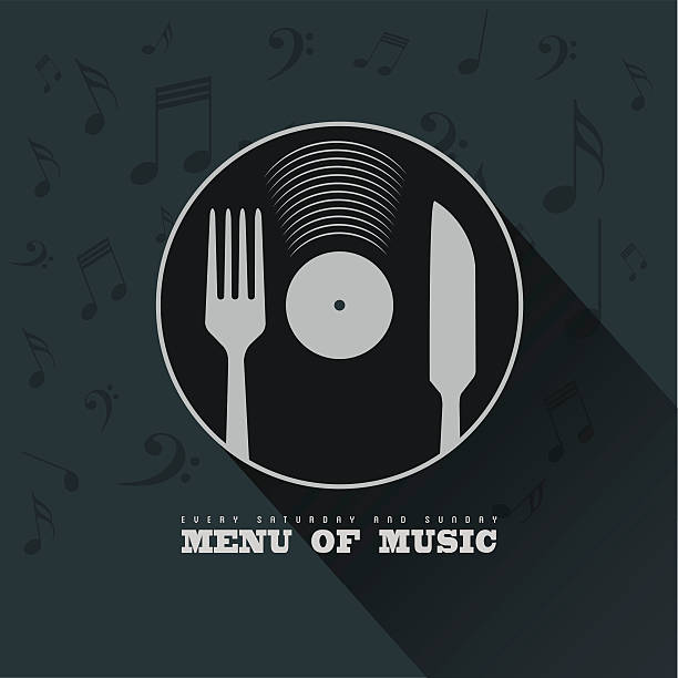 istock Menu of Music with vinyl, knife ,fork and musical notes 528132219