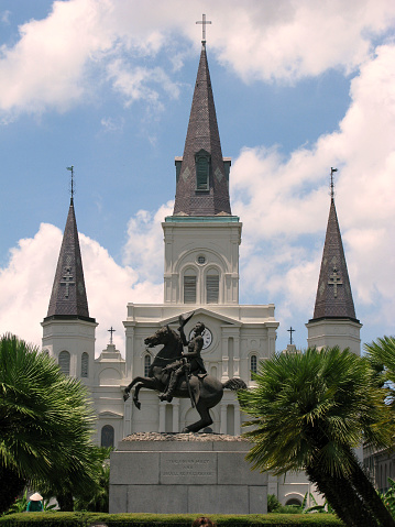 Saint Louis Cathedral with Clarm Millis's statue of Andrew Jackson in Jackson Square, New Orleans, Louisiana.