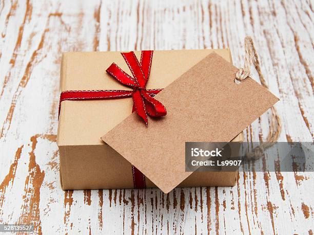 Vintage Gift Box Package With Blank Tag Stock Photo - Download Image Now - Box - Container, Gift, Gift Box