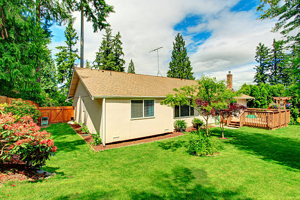 istock Fenced back with green lawn and  trees. 528146423