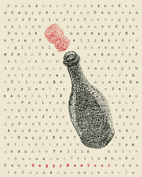 Happy new year champagne bottle Happy new year champagne bottle in typewriter art uncork wine stock illustrations