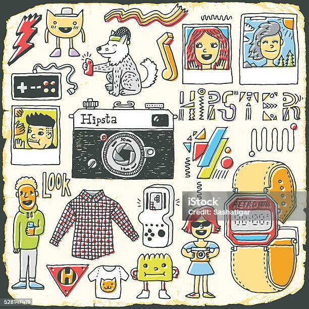 Hipster Swag Hand Drawn Colorful Doodle Set Vector Illustration Stock Illustration - Download Image Now