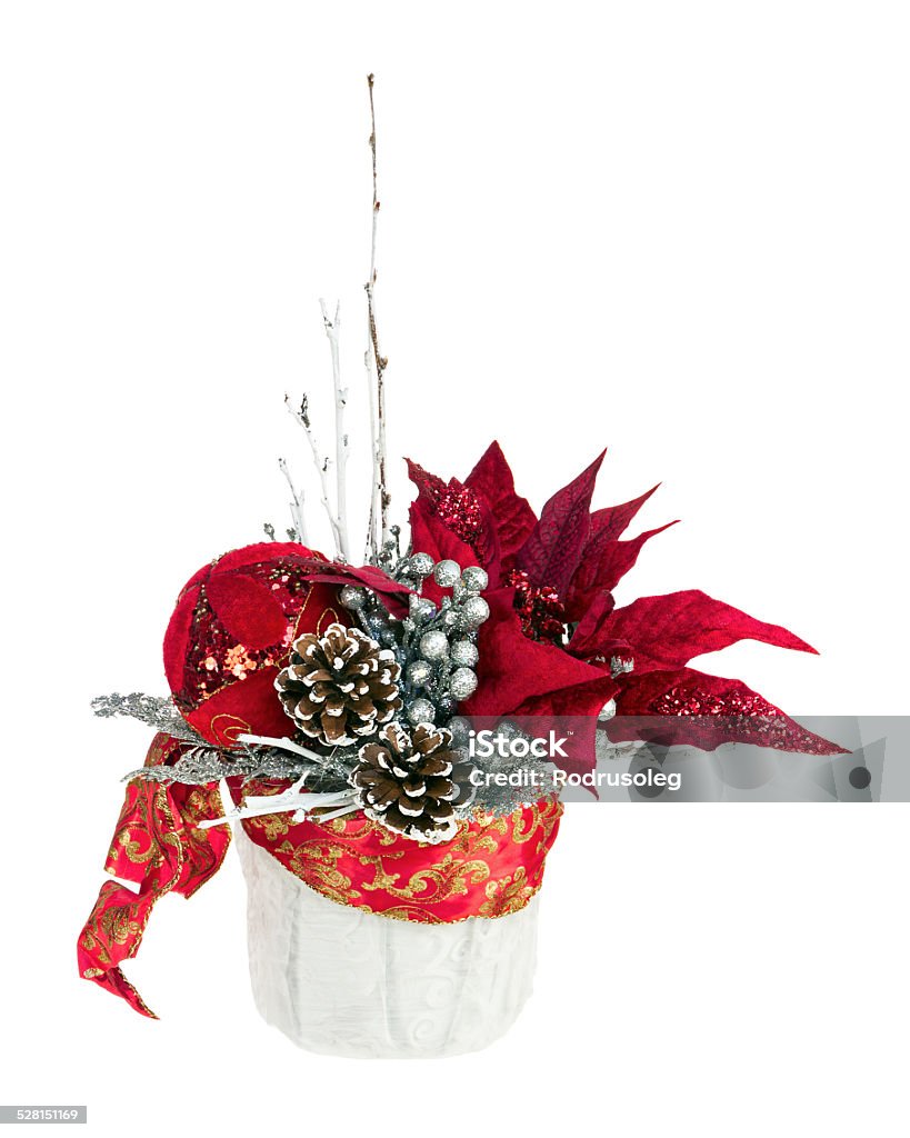Composition from Poinsettia Plant with branches, cones, ribbons Composition from Poinsettia Plant with branches, pine cones, ribbons and balloons in vase isolated on white background. Closeup. Balloon Stock Photo