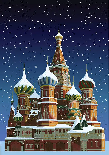 Vector illustration of Saint Basil's cathedral at Christmas - Moscow