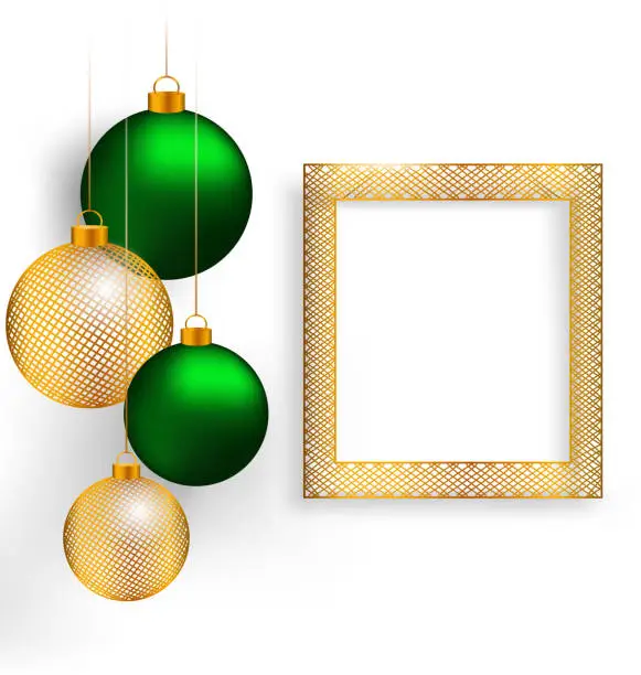 Vector illustration of Christmas balls with frame on grayscale