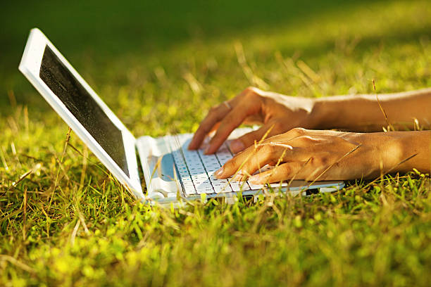istock Woman using her laptop on the grass close-up 528164139