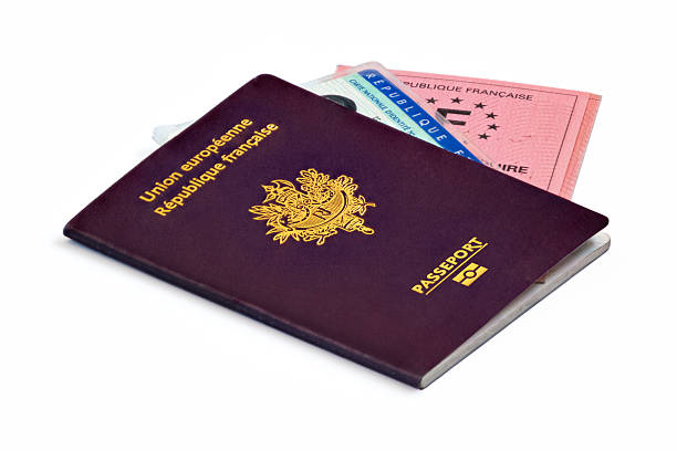 French identity papers (biometric passport, ID card and driver's license) stock photo