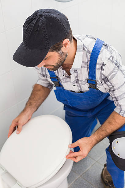 istock Plumber installing lid on toilet 528166069