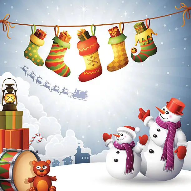Vector illustration of Happy Snowmen with Christmas Stockings