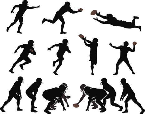 Outlines of football players. Files included – jpg, ai (version 8 and CS3), svg, and eps (version 8)