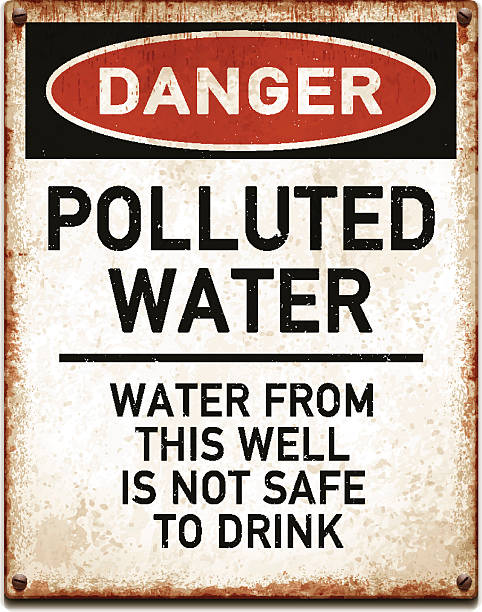bildbanksillustrationer, clip art samt tecknat material och ikoner med weathered metallic placard with danger polluted water text_vector - toxic water