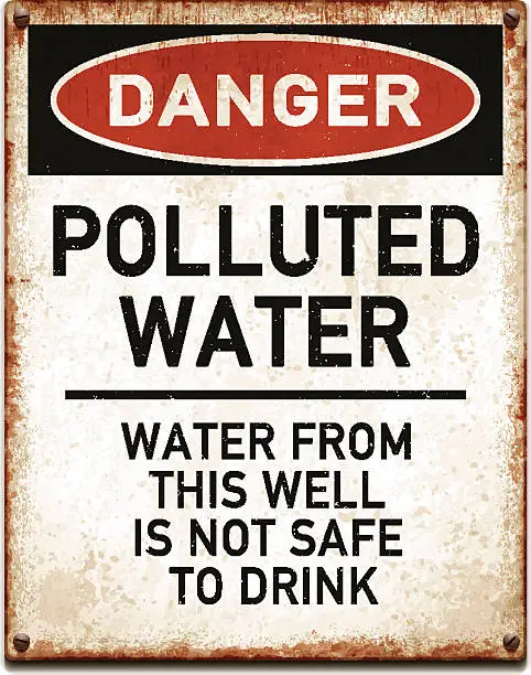 Vector illustration of Weathered metallic placard with danger polluted water text_vector