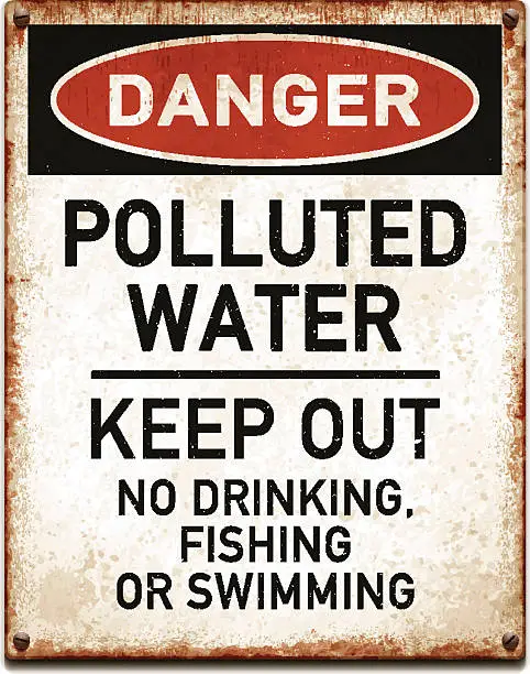 Vector illustration of Weathered metallic placard with danger polluted water warning text_vector