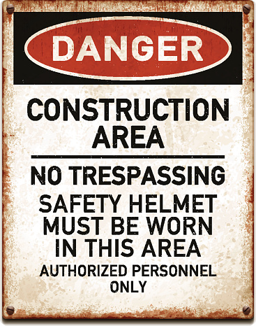 Vintage metal danger sign with construction area wear safety helmet warning. Grunge square placard with rusty stains, four screws and red and black banner reading DANGER. Photorealistic vector illustration isolated on white. Layered EPS10 file with transparencies and global colors. Individual elements and textures. Related images linked below.