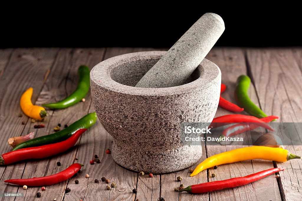 Stone Mortar on a wooden bench. Stone Mortar on a wooden bench Asian Culture Stock Photo