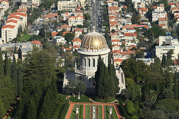 istock Bahai Gardens Stairs and temple 528184279