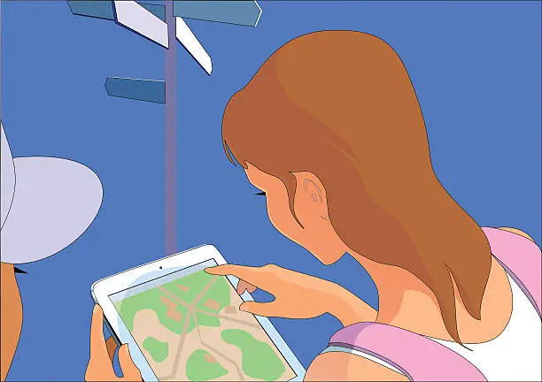 Vector illustration of Girl-tourist looks for way by map app of tablet