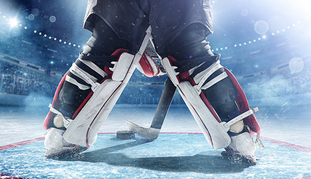 portero de hockey sobre hielo - ice hockey hockey puck playing shooting at goal fotografías e imágenes de stock
